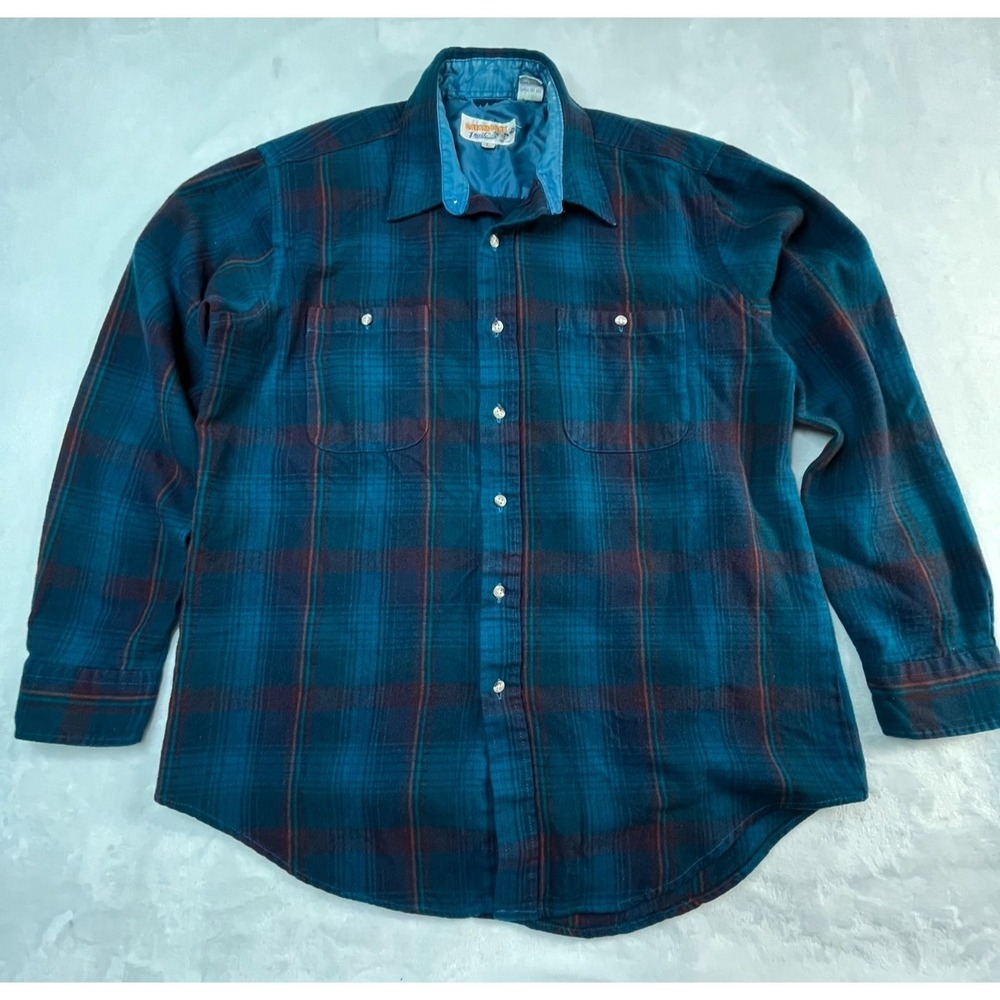 VTG CATAMOUNT TRAIL Mens L‎ Shirt Flannel Acrylic Plaid Blue Distressed
